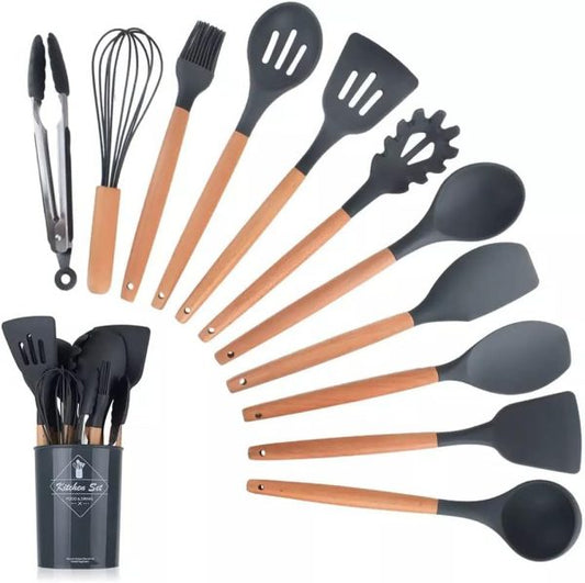 12 Pcs Silicone Cooking Utensils Kitchen Utensil Set  Heat Resistant Kitchen Non Toxic Spatula Set With Turner Tongs,spoon,brush,whisk-wooden Handle(random Color)