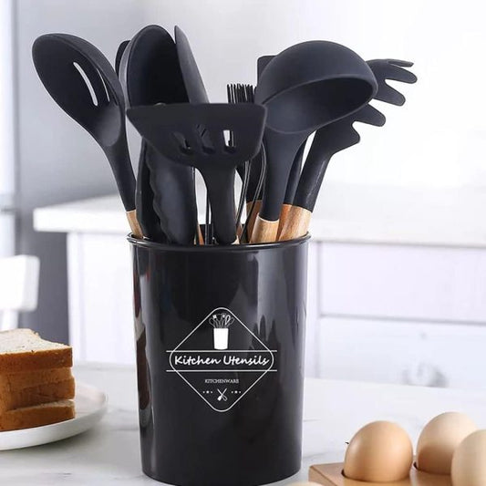 12 Pcs Silicone Cooking Utensils Kitchen Utensil Set  Heat Resistant Kitchen Non Toxic Spatula Set With Turner Tongs,spoon,brush,whisk-wooden Handle(random Color)