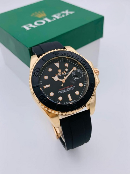 ( Golden ) Rolex Stylish Watch For Men Adjustable Rubber Strap | Heavy Master Lock | Steel Buzzle Working – Without Box