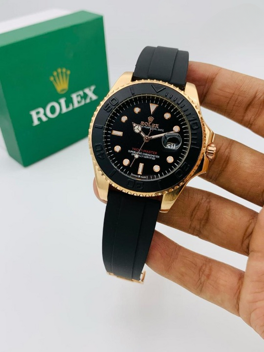 ( Golden ) Rolex Stylish Watch For Men Adjustable Rubber Strap | Heavy Master Lock | Steel Buzzle Working – Without Box